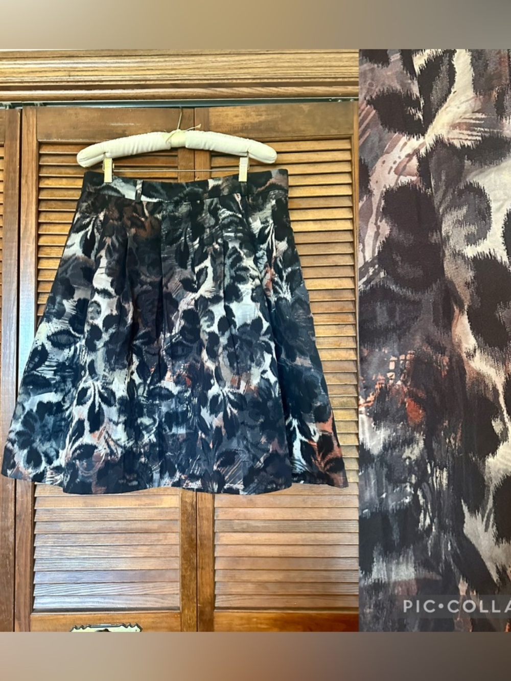 Kate Spade designer a-line skirt in black, gray, orange watercolor leaf pattern